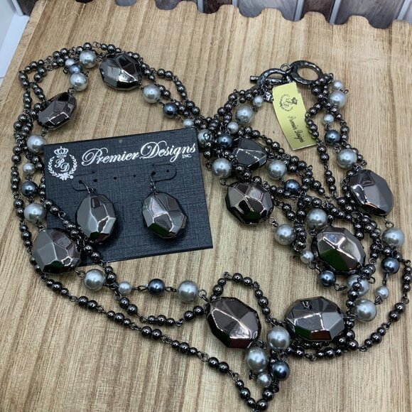 Premier Designs NWT "Moonlight" Multi Strands Necklace & Earrings - Picture 2 of 9